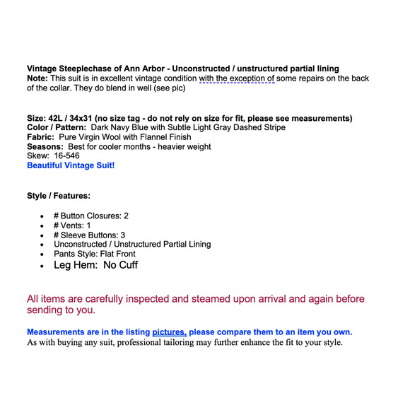 Vintage Steeplechase 42L 34x31 Dark Blue Stripe Flannel Finish Unstructured Suit - Picture 2 of 16